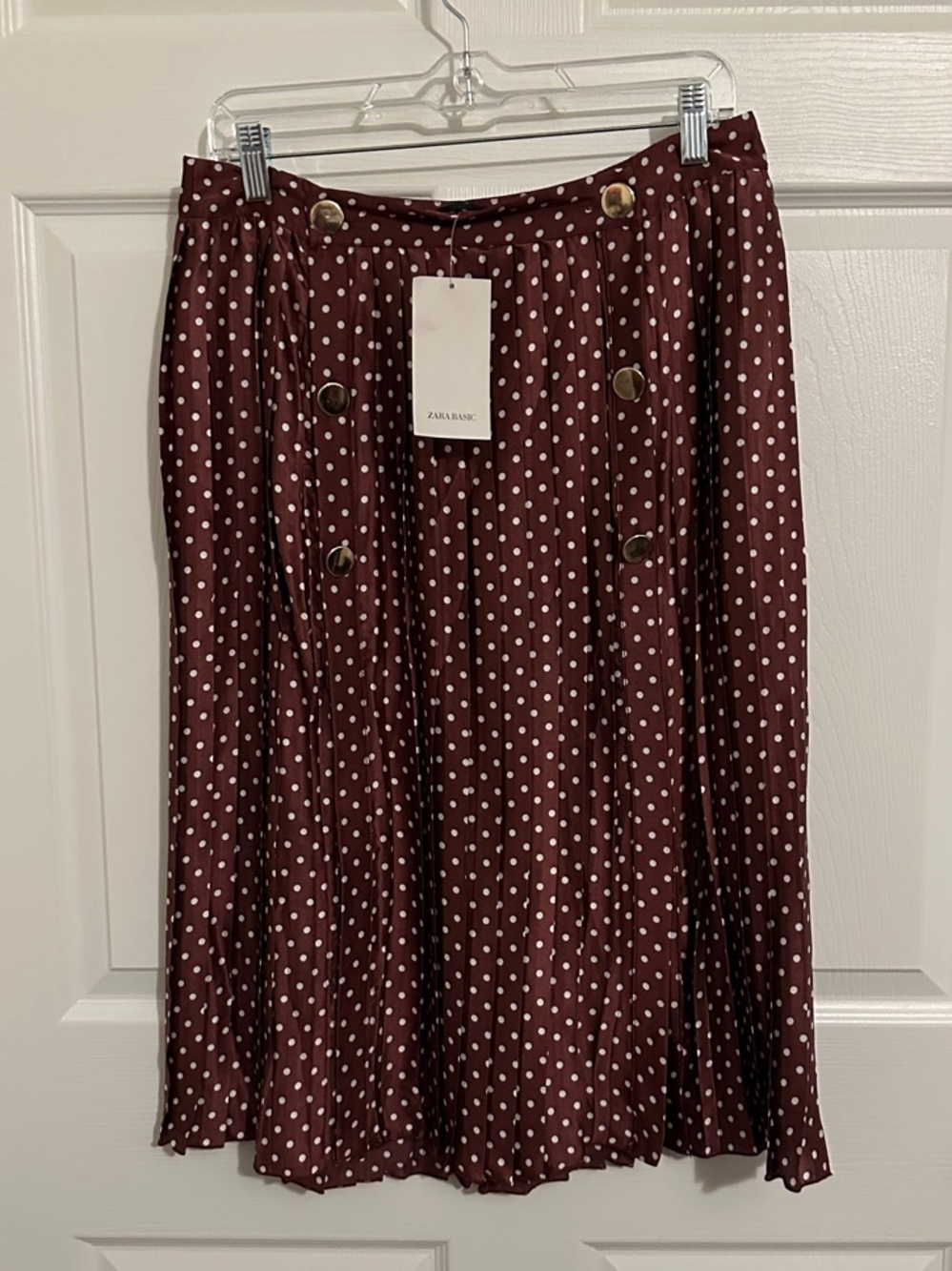 Zara Burgundy Polka Dot Midi Skirt with Decorative Buttons